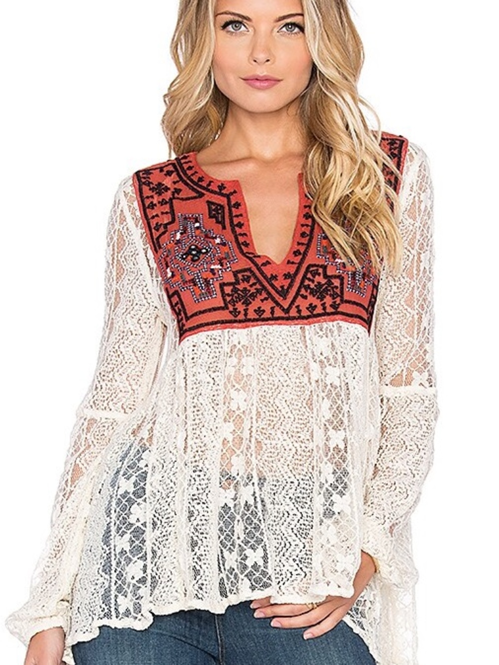 Free People Casablanca Embroidered Lace Boho Tunic Top Festival Bell Sleeve S - Picture 2 of 11